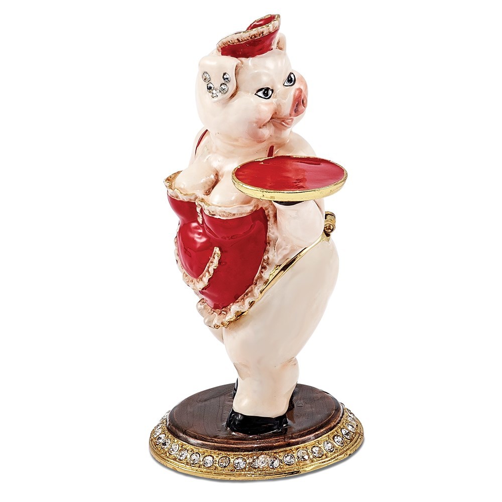 Pewter Bejeweled Crystals Enameled FANCY NANCY Waitress Pig Trinket Box